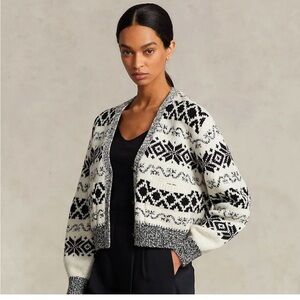 Polo Ralph Lauren Geo Stripe Wool Blend Cardigan Black White Oversize Boxy M NEW